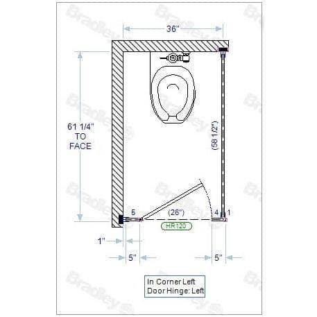 Bradley IC13660 Toilet Partition, 1 In Corner Compartment, 36"W x 61-1/4"D, Stainless Steel - TotalRestroom.com