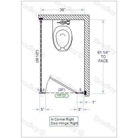 Bradley IC13660 Toilet Partition, 1 In Corner Compartment, 36"W x 61-1/4"D, Stainless Steel - TotalRestroom.com