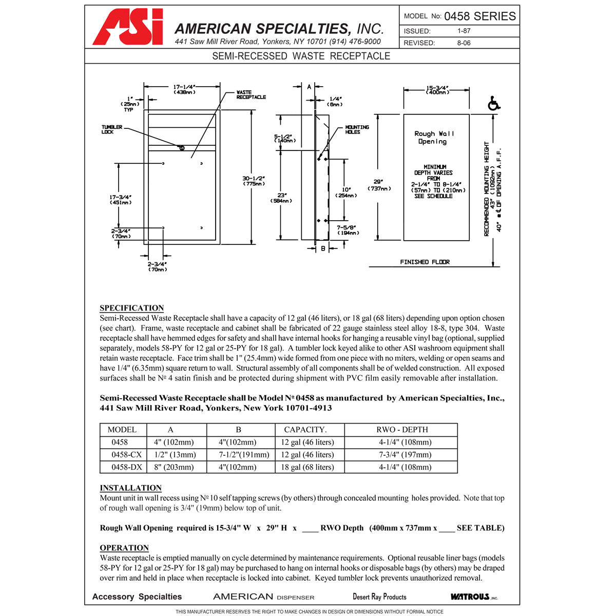 ASI 0458 Commercial Restroom Waste Receptacle, 12 Gallon, Semi-Recessed-Mounted, Stainless Steel