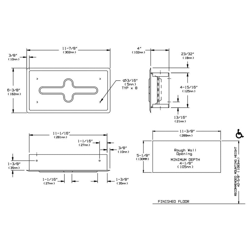 ASI 02594-SS Facial Tissue Dispenser, 11-11/16" L x 6-3/8" W, Recessed-Mounted, Stainless Steel - TotalRestroom.com