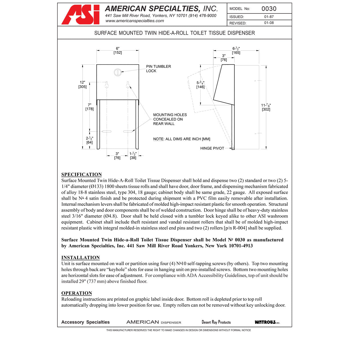 ASI 0030 Commercial Toilet Paper Dispenser, Surface-Mounted, Stainless Steel w/ Satin Finish