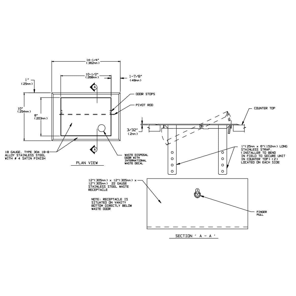 ASI 1003 Commercial Restroom Waste Receptacle, 2 Gallon, Counter Mounted, 8-3/4" W x 12-1/2" H, 4-1/2" D, Stainless Steel - TotalRestroom.com