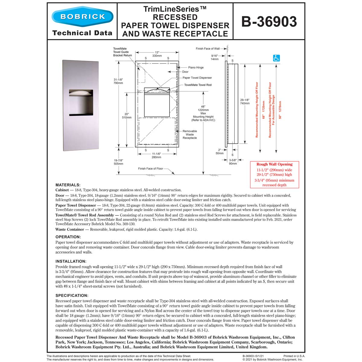 Bobrick B-36903 Combination Commercial Paper Towel Dispenser/Waste Receptacle, Recessed-Mounted, Stainless Steel