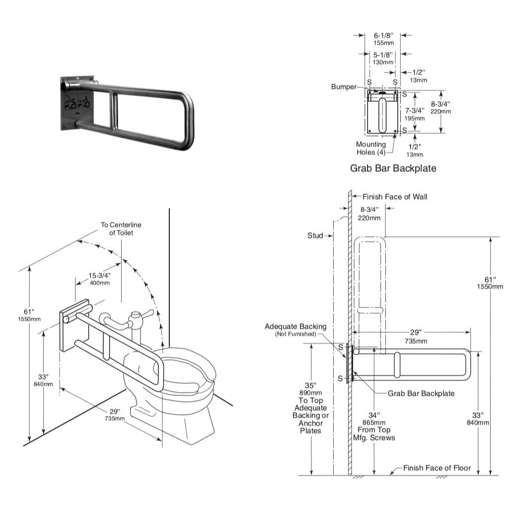 Bobrick B-4998 Commercial Grab Bar, 1-1/4" Diameter x 29" Length, Concealed-Mounted, Stainless Steel - TotalRestroom.com