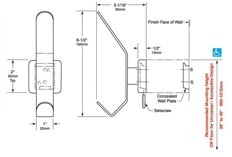 Bobrick B-682 Commercial Heavy-Duty Hat & Coat Hook, 2" W x 6-1/2" H x 3-1/16" D, Stainless Steel - TotalRestroom.com