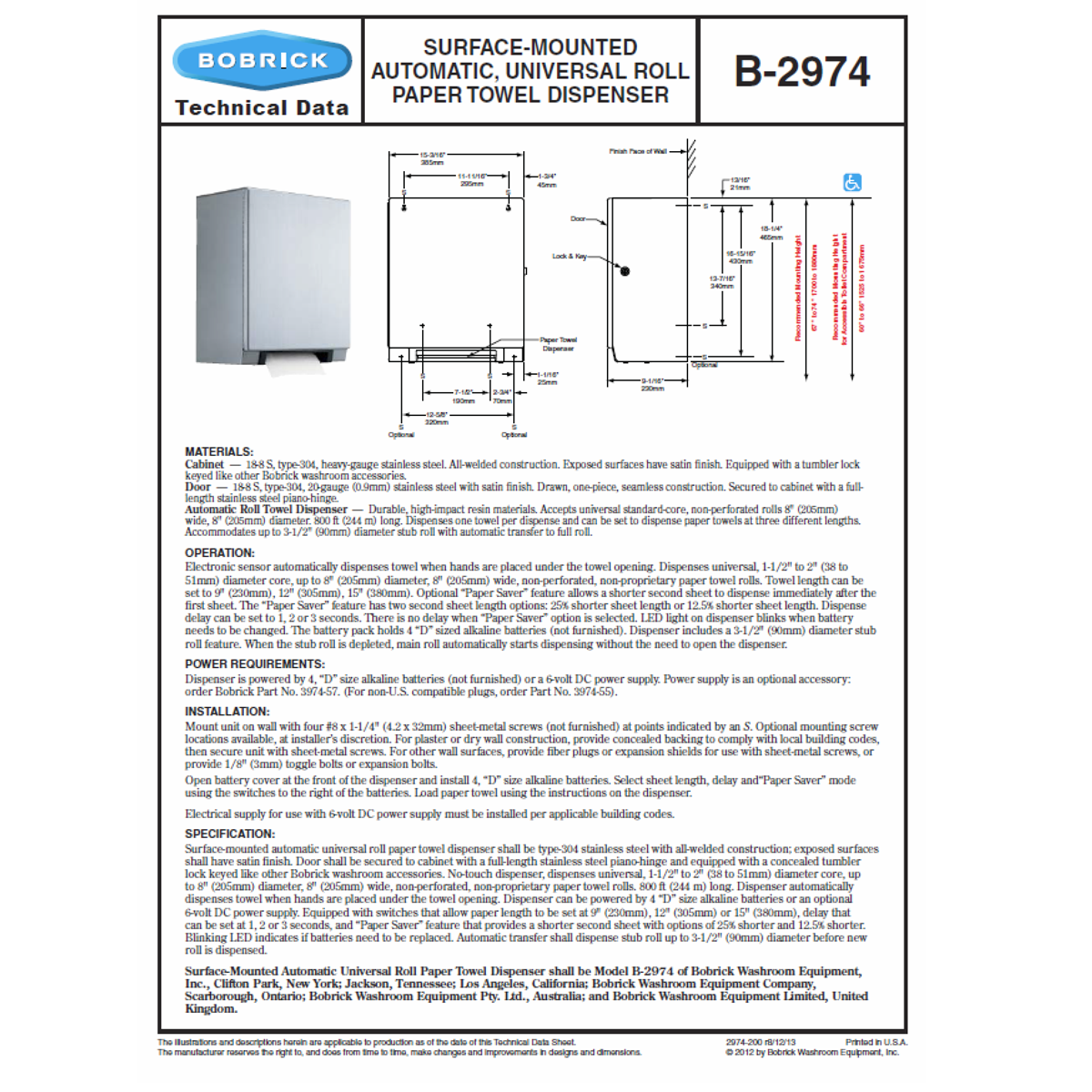 Bobrick B-2974 Automatic Commercial Paper Towel Dispenser, Surface-Mounted, Stainless Steel