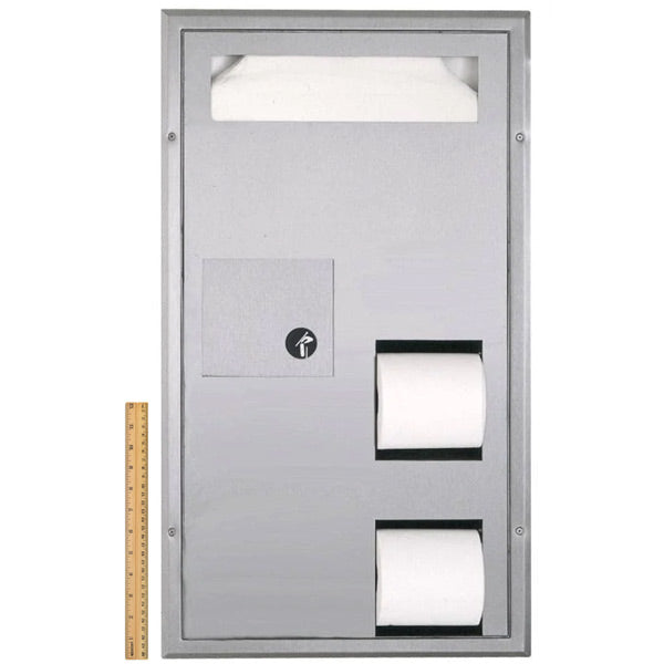 Bobrick B-3574 Combination Commercial Seat-Cover/Sanitary Napkin/Toilet Paper Dispenser, Left-Side, Recessed-Mounted, Stainless Steel