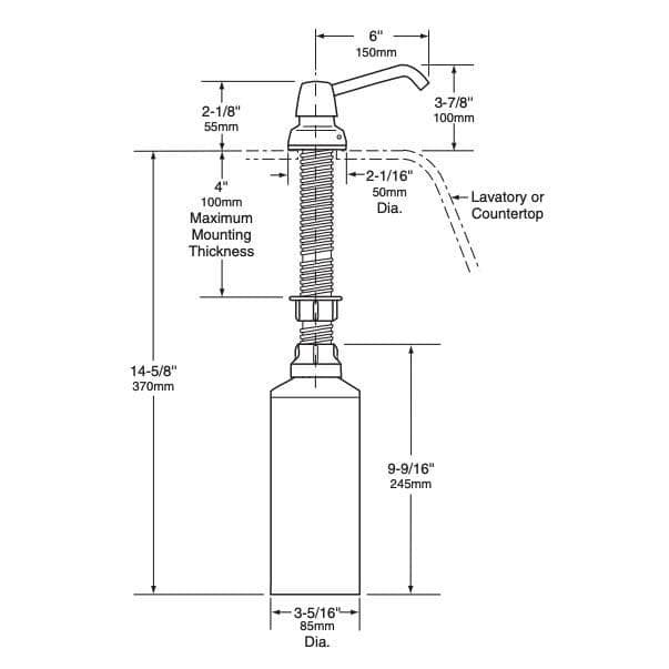 Bobrick B-8226 Commercial Liquid Soap Dispenser, Countertop Mounted, Manual-Push, Stainless Steel - 6" Spout Length - TotalRestroom.com