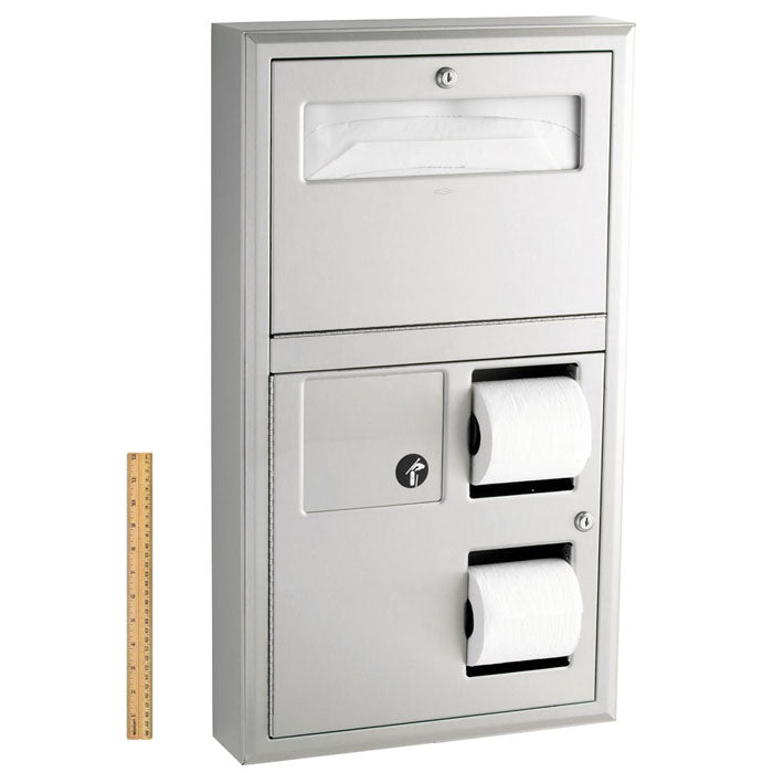 Bobrick B-3579 Combination Commercial Seat-Cover/Sanitary Napkin/Toilet Paper Dispenser, Left-Side, Surface-Mounted, Stainless Steel