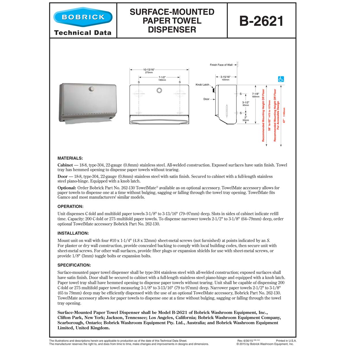 Bobrick B-2621 Commercial Paper Towel Dispenser, Surface-Mounted, Stainless Steel