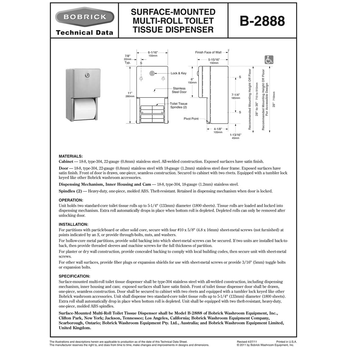 Bobrick B-2888 Commercial Toilet Paper Dispenser, Surface-Mounted, Stainless Steel w/ Satin Finish