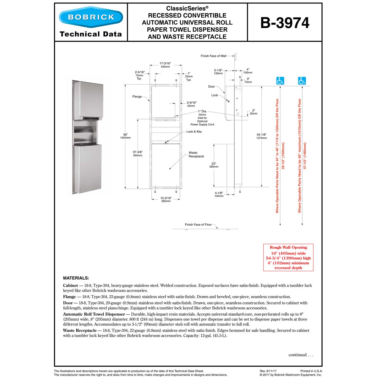 Bobrick B-3974 Automatic Combination Commercial Paper Towel Dispenser/Waste Receptacle, Recessed-Mounted, Stainless Steel