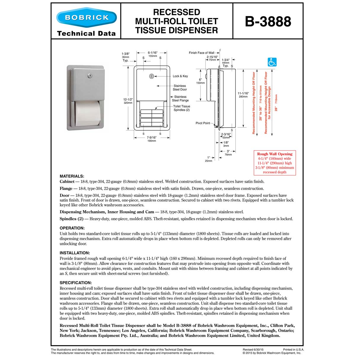 Bobrick B-3888 Commercial Toilet Paper Dispenser, Recessed-Mounted, Stainless Steel w/ Satin Finish