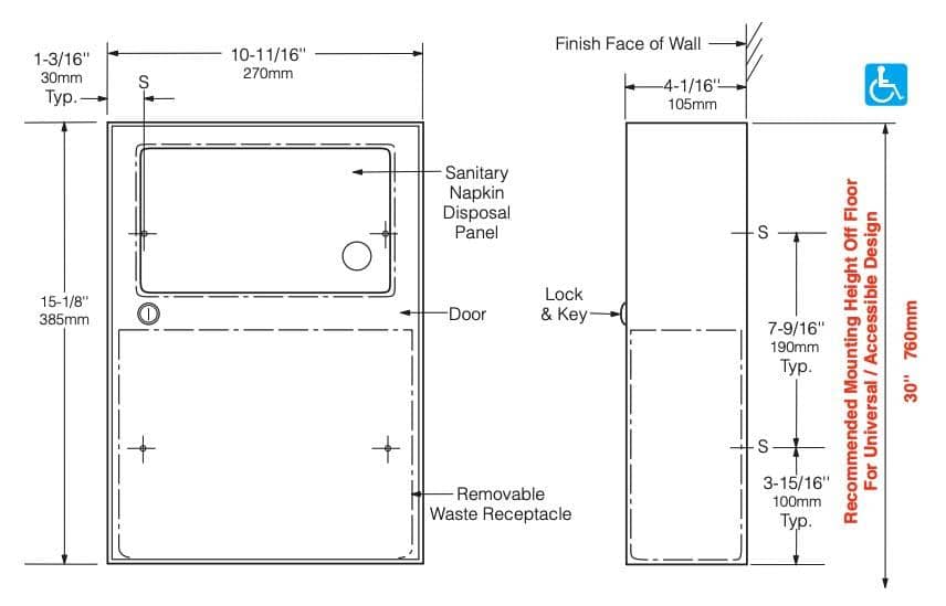 Bobrick B-254 Commercial Restroom Sanitary Napkin/Tampon Disposal, Surface-Mounted, Stainless Steel - TotalRestroom.com