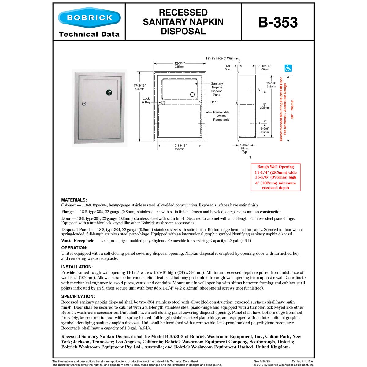 Bobrick B-353 Commercial Restroom Sanitary Napkin/Tampon Disposal, Recessed-Mounted, Stainless Steel