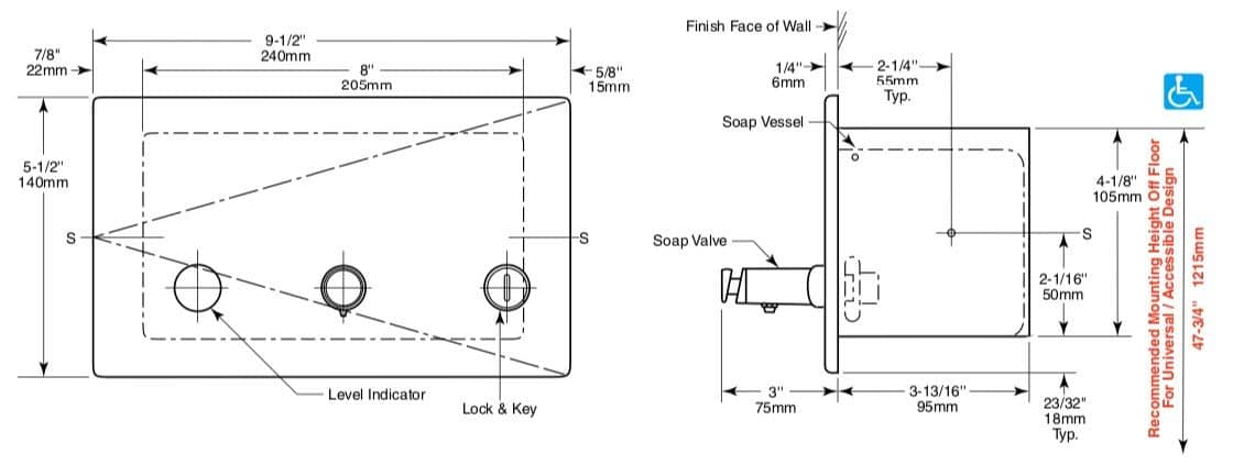Bobrick B-306 Commercial Fluid Soap Dispenser, Recessed-Mounted, Manual-Push, Stainless Steel - 45 Oz - TotalRestroom.com