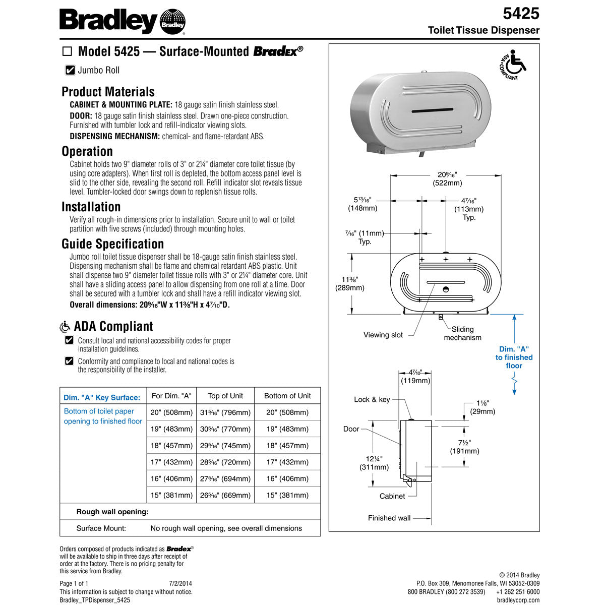 Bradley 5425-00 Commercial Jumbo-Roll Toilet Paper Dispenser, Surface-Mounted, Stainless Steel w/ Satin Finish