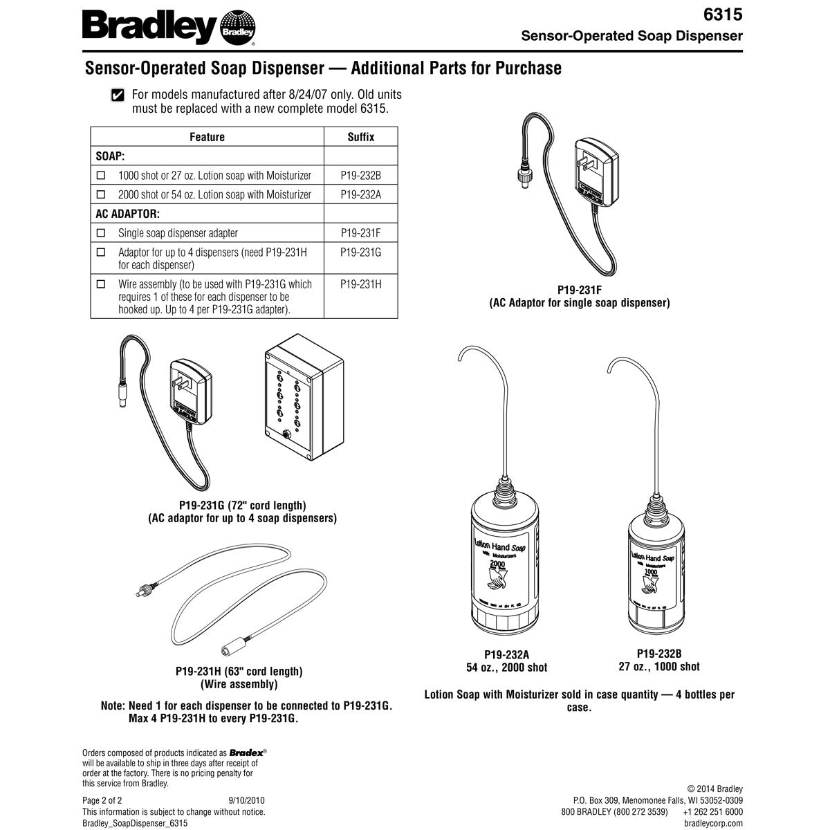 Bradley 6315-KT Hands Free Touchless Soap Dispenser Starter Kit