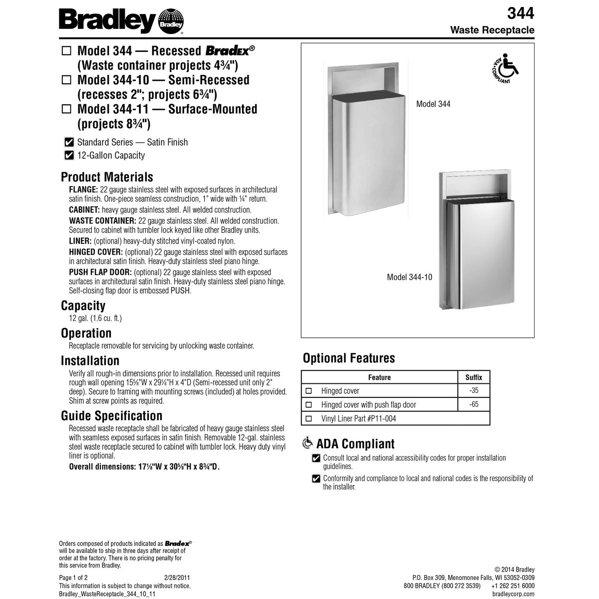 Bradley 344-00 Commercial Restroom Waste Receptacle, 12 Gallon, Recessed-Mounted, Stainless Steel