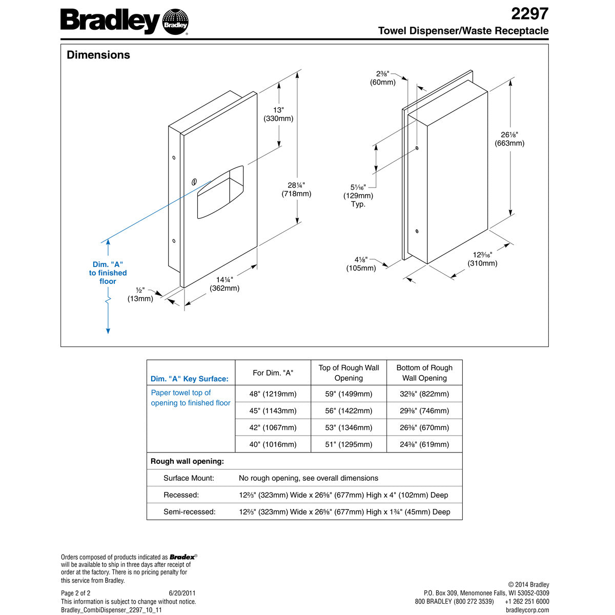 Bradley 2297-00 Combination Towel Dispenser/Waste Receptacle, Recessed-Mounted, Stainless Steel