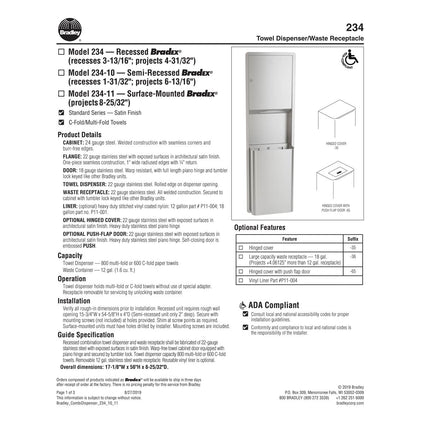 Bradley 234-00 Combination Towel Dispenser/Waste Receptacle, Recessed-Mounted, Stainless Steel