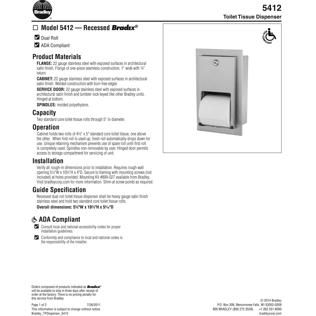Bradley 5412-00 Commercial Toilet Paper Dispenser, Recessed-Mounted, Stainless Steel w/ Satin Finish
