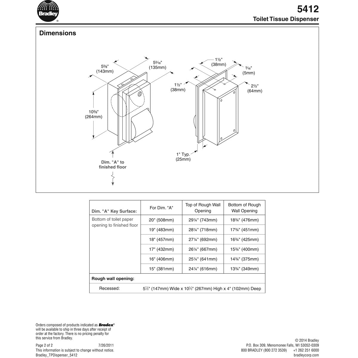 Bradley 5412-00 Commercial Toilet Paper Dispenser, Recessed-Mounted, Stainless Steel w/ Satin Finish