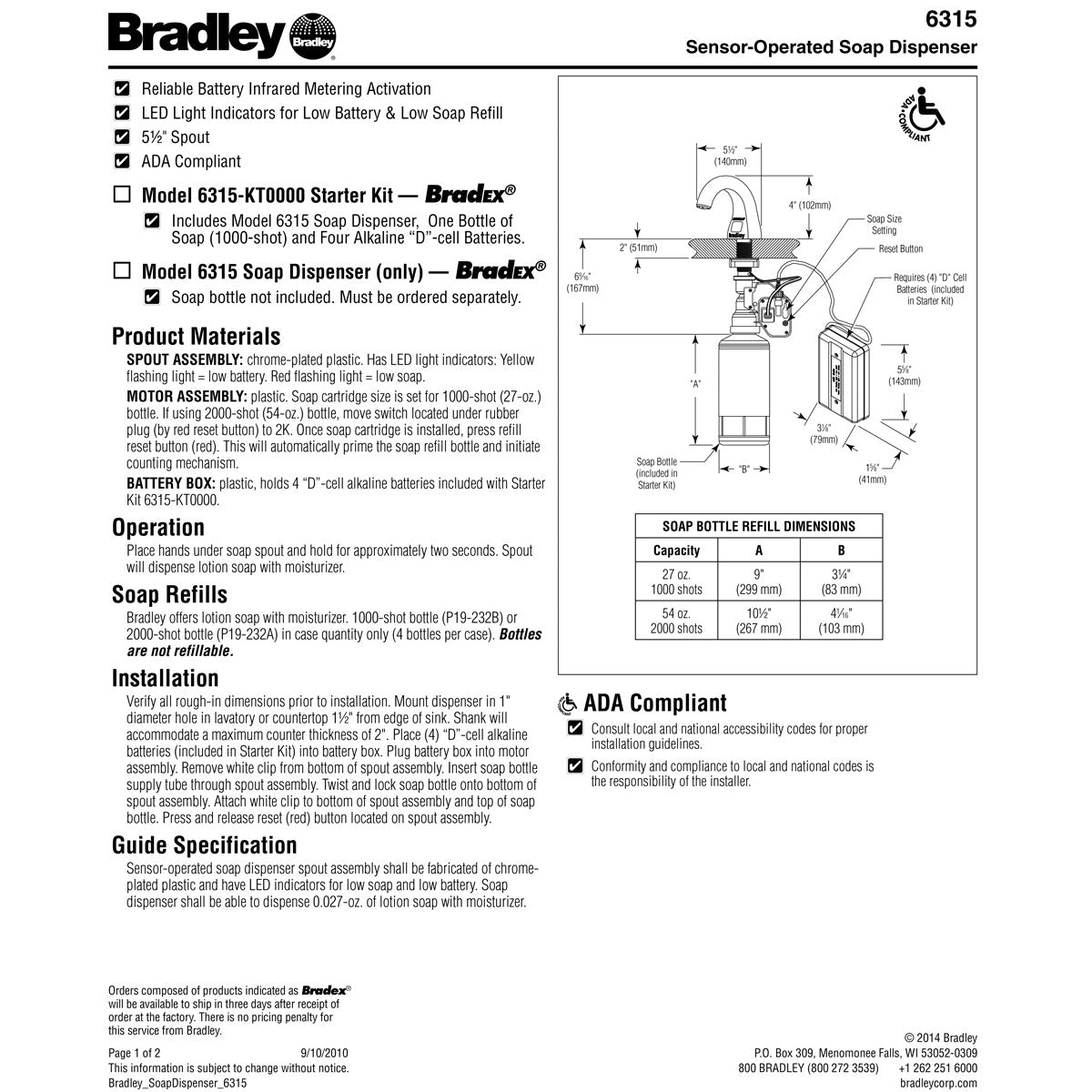 Bradley 6315-00 Touchless Soap Dispenser, Countertop Mounted, Automatic