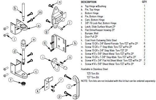 Bradley SD1-SLFSHC Toilet Partition Steel Door Hardware Kit, Surface-Latch for use with Bradley 1" Panels - TotalRestroom.com