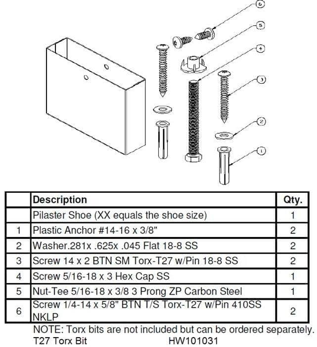 Bradley HDWT-S0526-10 Toilet Partition Floor Mounted Over Head Braced Pilaster Shoe and Mounting Kit, 10" for Bradley 1" Panels - TotalRestroom.com