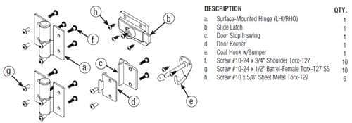 Bradley SD1-LH Toilet Partition Door Hardware Kit, Left-Hinge, In-Swing for use with Bradley 1/2" Panels - TotalRestroom.com