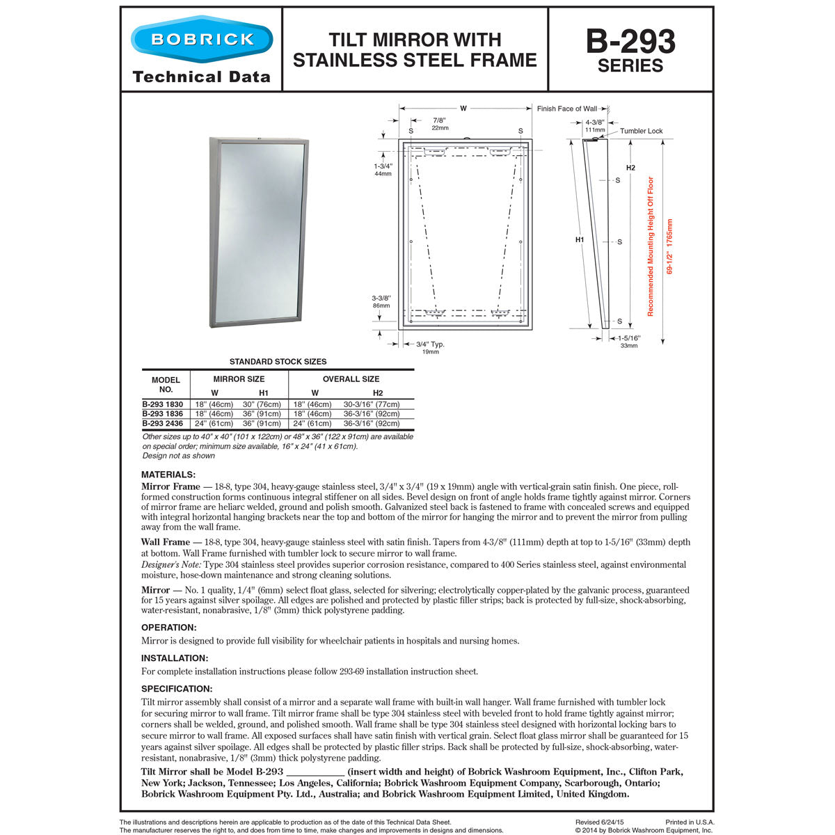 Bobrick B-293-1830 (18 x 30) Fixed-Position Tilt Mirror, 18"W x 30"H