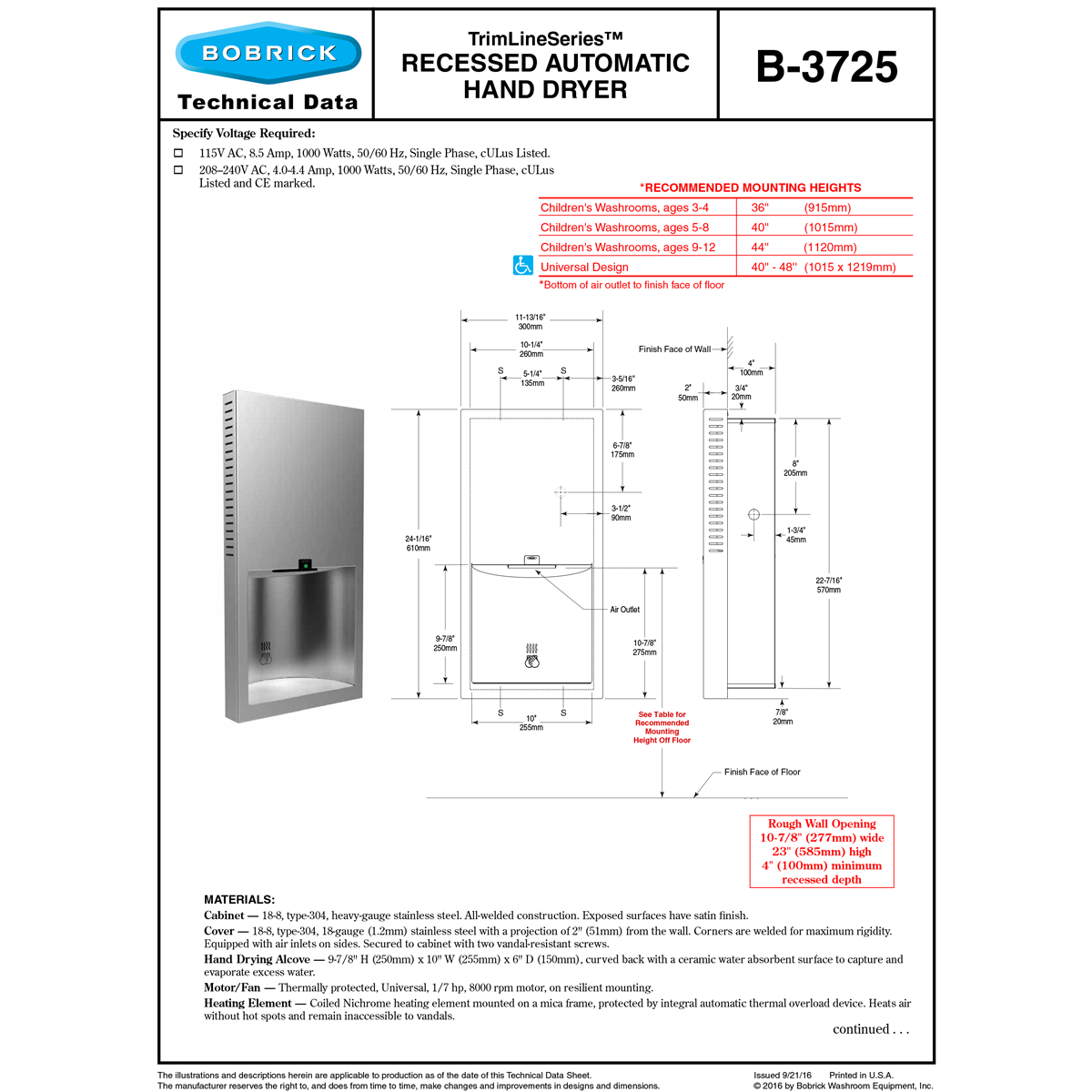 Bobrick B-3725 Automatic Hand Dryer, 115 Volt, Recessed-Mounted, Stainless Steel