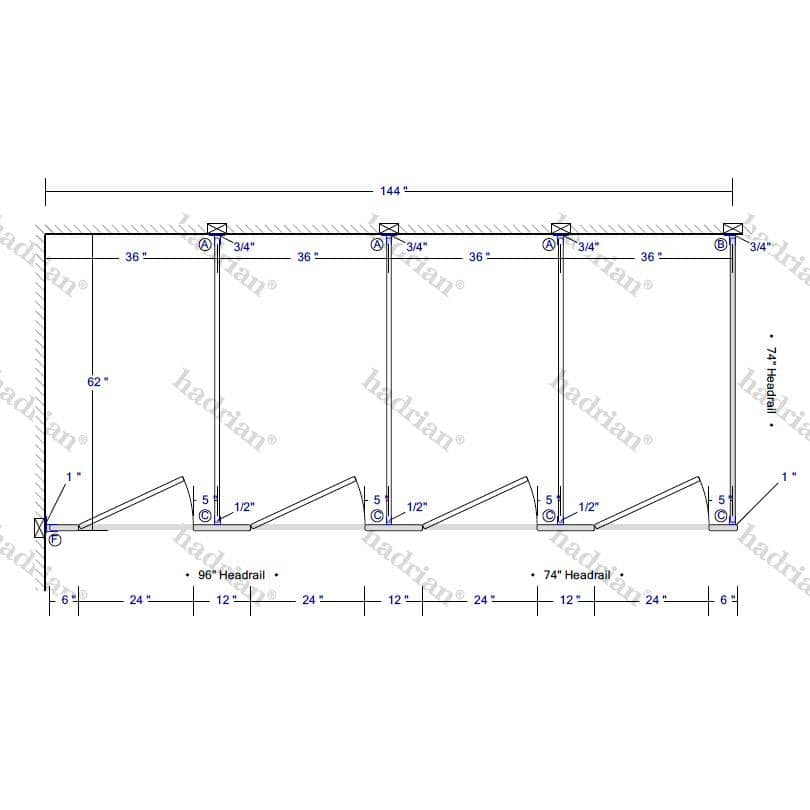 Hadrian Toilet Partition, 4 In Corner Compartments, Plastic, 144"W x 61-1/4"D - IC43660-PL-HADRIAN - TotalRestroom.com