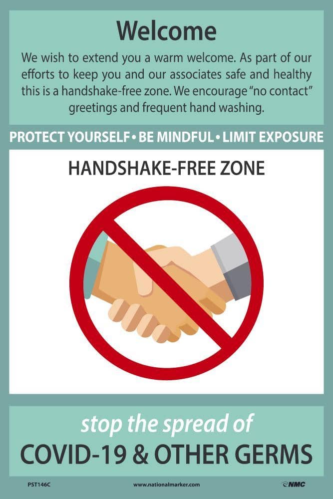 NMC WELCOME HANDSHAKE FREE ZONE POSTER, 18 X 12, .015 UNRIP VINYL POSTER - PST146C - TotalRestroom.com