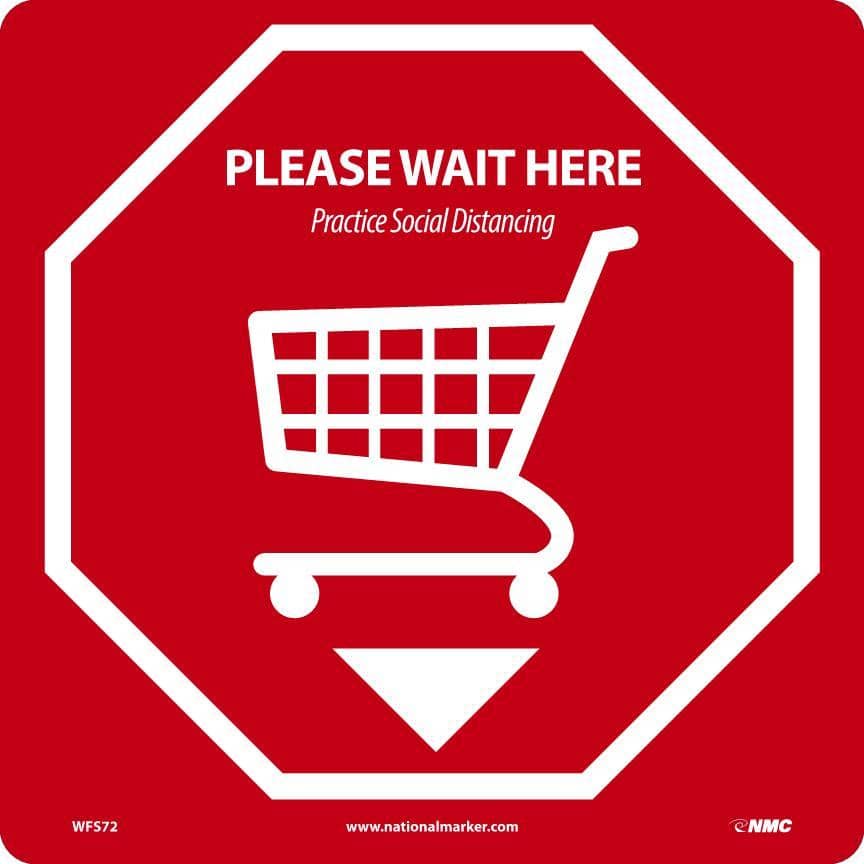 NMC PLEASE WAIT HERE Practice Social Distancing, 12x12, PRESSURE SENSITIVE VINYL .0045 - WFS72 - TotalRestroom.com