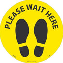 NMC PLEASE WAIT HERE FOOTPRINT, BLACK ON YELLOW, WALK ON FLOOR SIGN, 8 X 8,PSV NON-SKID LAM, PK10 - WFS83YL10 - TotalRestroom.com