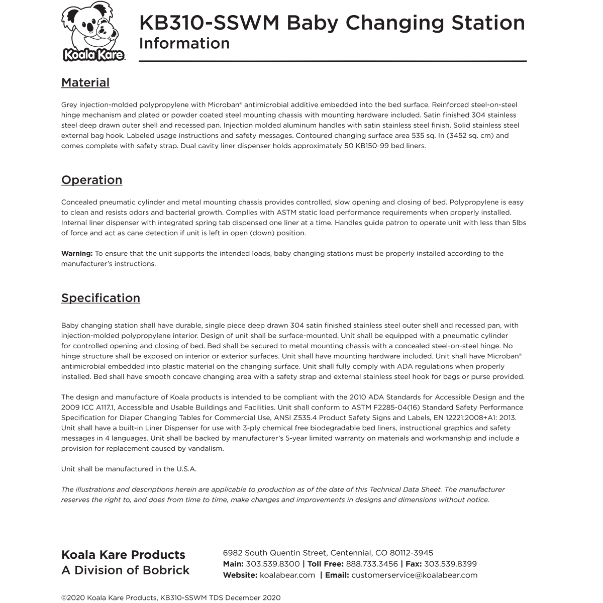 Koala Kare KB310-SSWM Baby Changing Station (Surface-Mount) Horizontal, Stainless Steel