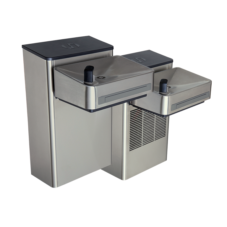 Haws 1202SF Stainless Steel Hi-Lo Wall Mount ADA Filtered Water Cooler, Electronic Valve, Pushbar Assembly & Bubbler Deactivation