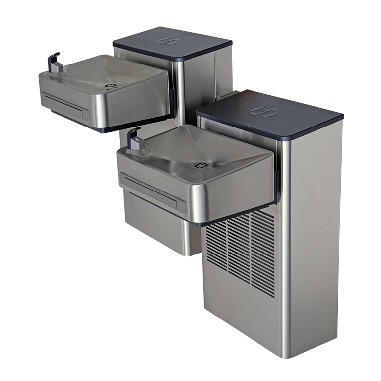 Haws 1202SF Stainless Steel Hi-Lo Wall Mount ADA Filtered Water Cooler, Electronic Valve, Pushbar Assembly & Bubbler Deactivation