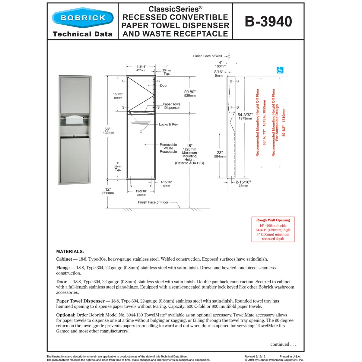 Bobrick B-3940 Recessed Wall Mount Combination Towel/Waste Unit