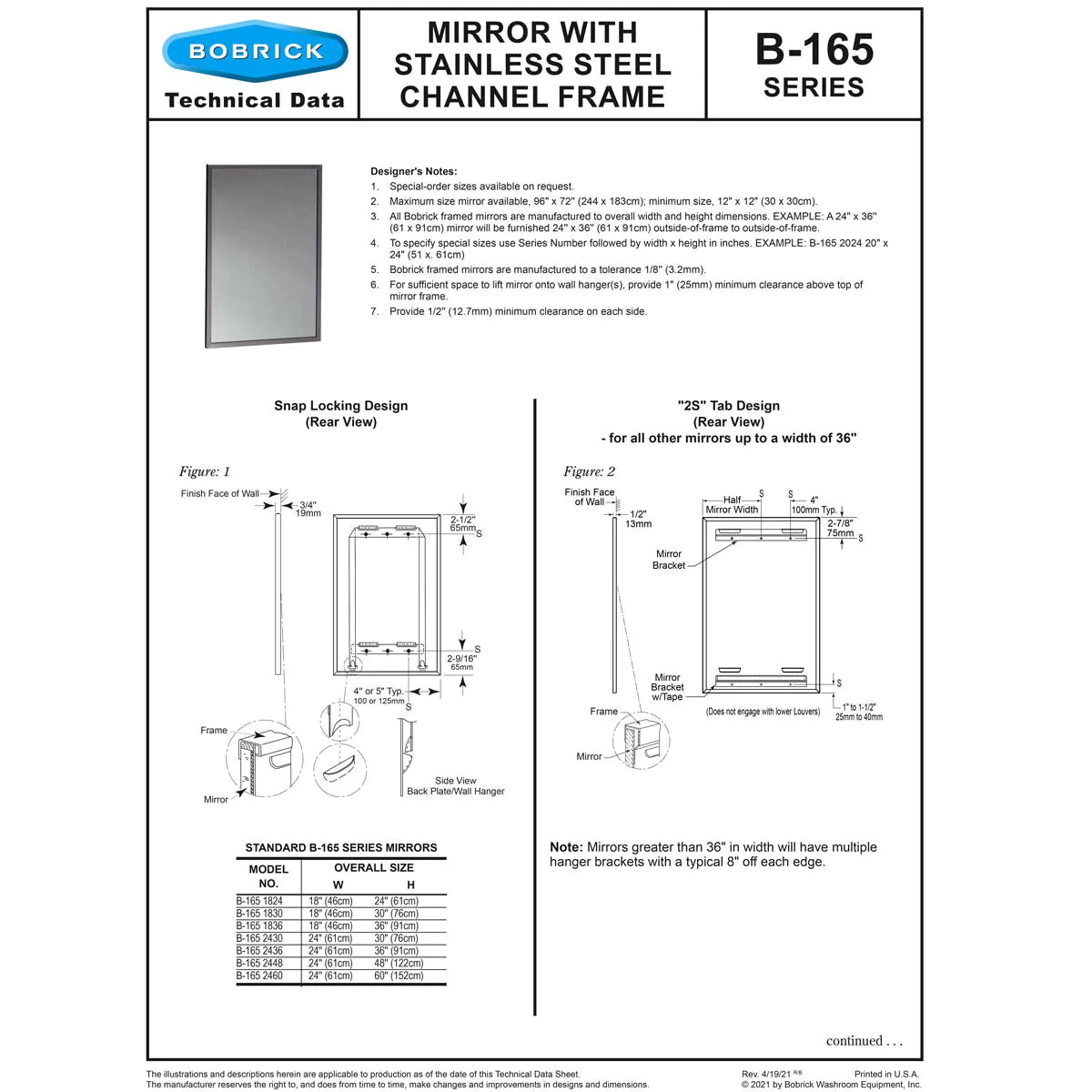 Bobrick B-165-2448 (24 x 48) Channel-Frame Mirror 24"W x 48"H