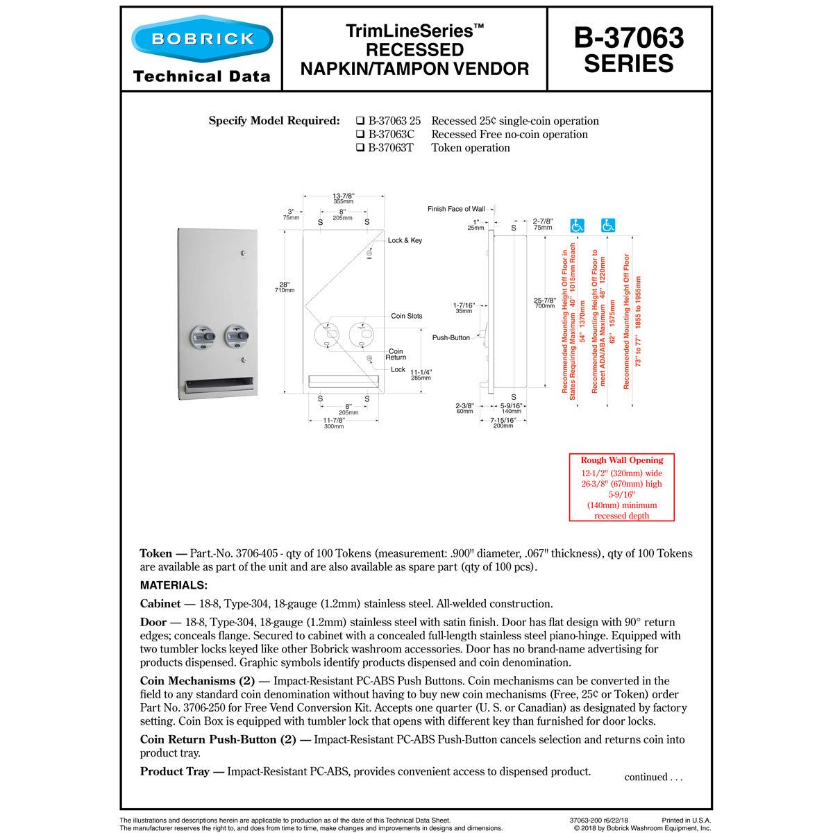 Bobrick B-37063C Napkin / Tampon Vendor, Free Vend Operation