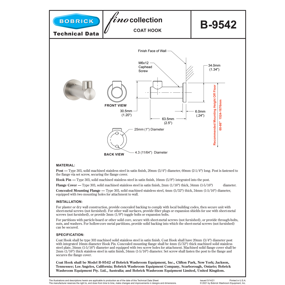 Bobrick B-9542 Fino Coat Hook