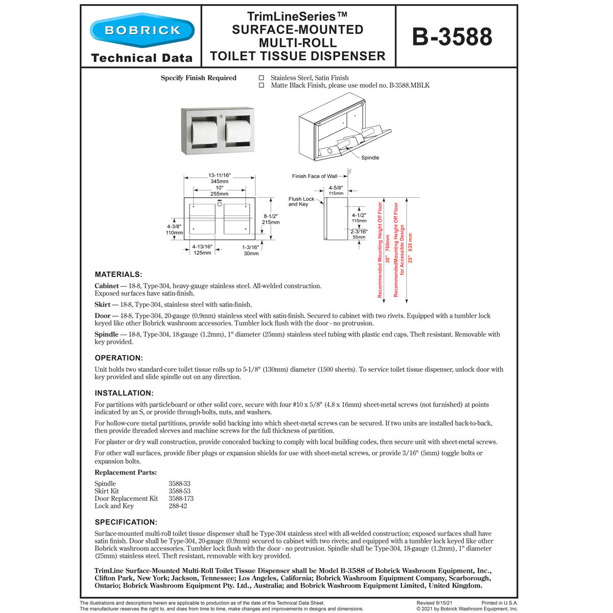 Bobrick 3588.MBLK Matte Black Multi-Roll Tissue Disp Full Skrt