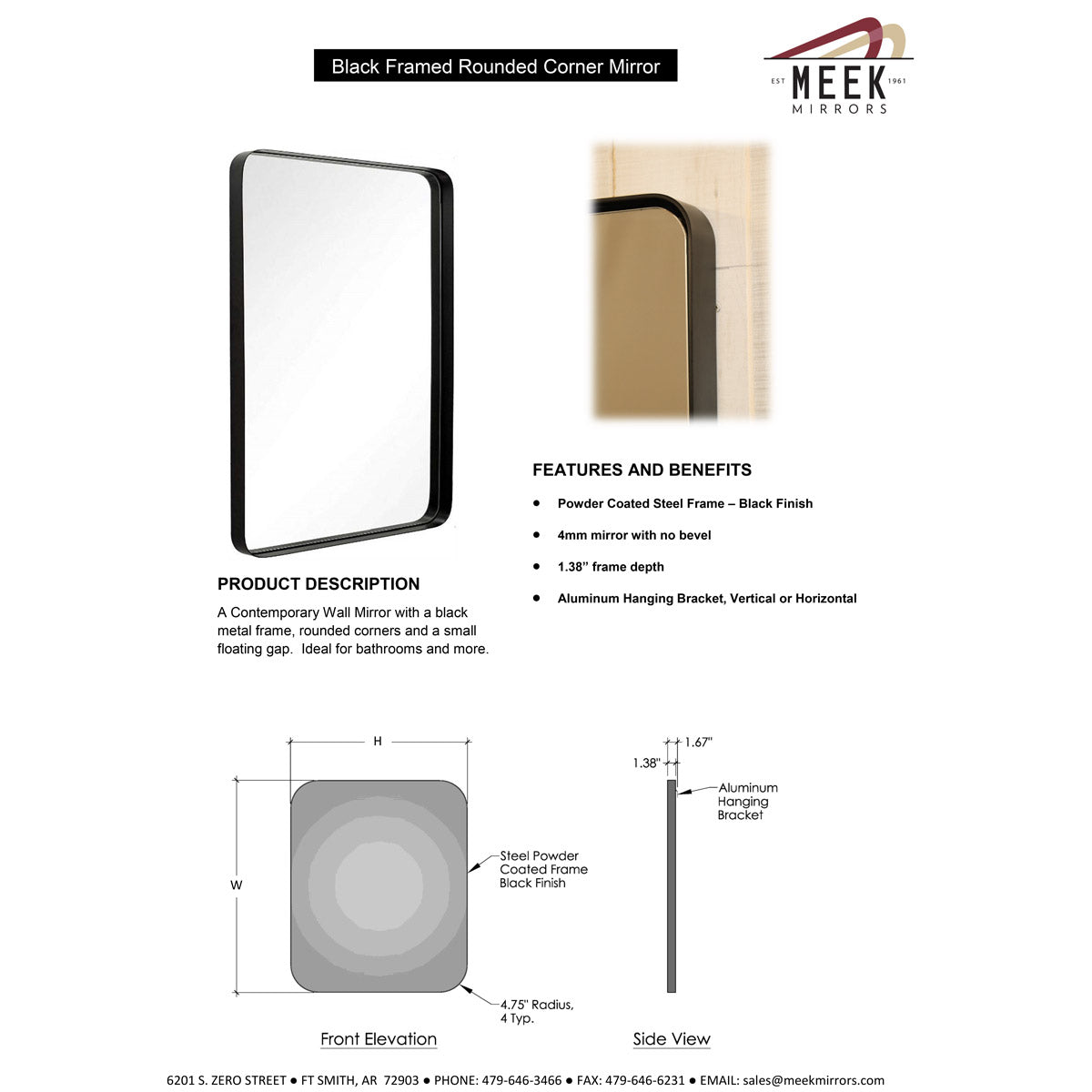 Meek Mirrors (18 x 36) Black Rounded Rectangular Mirror 18" X 36" - M7801PCB 1836