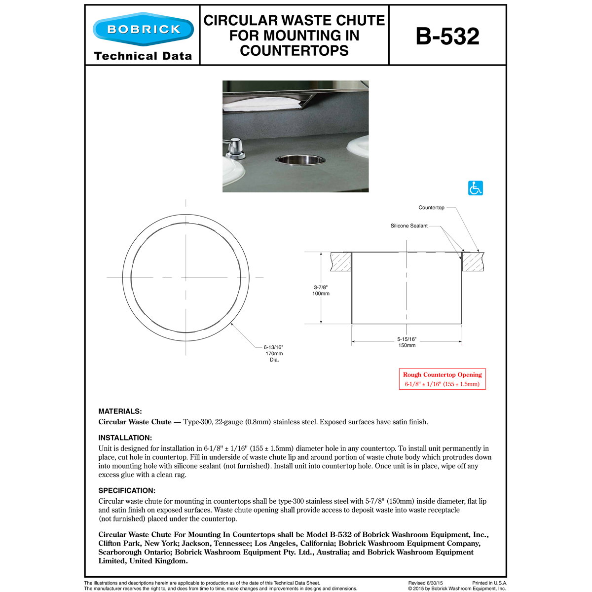 Bobrick B-532 Countertop-Mounted Circular Waste Chute, Flat Flange, Satin Finish