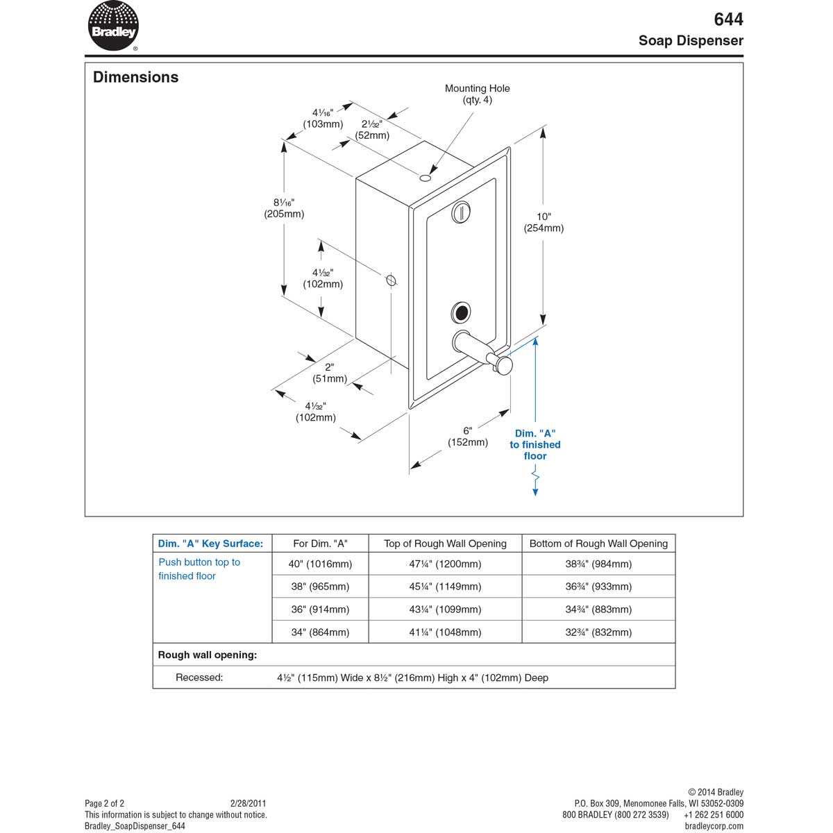 Bradley 644-000000 Commercial Restroom Liquid Soap Dispenser, Recessed-Mounted, Manual-Push, Stainless Steel