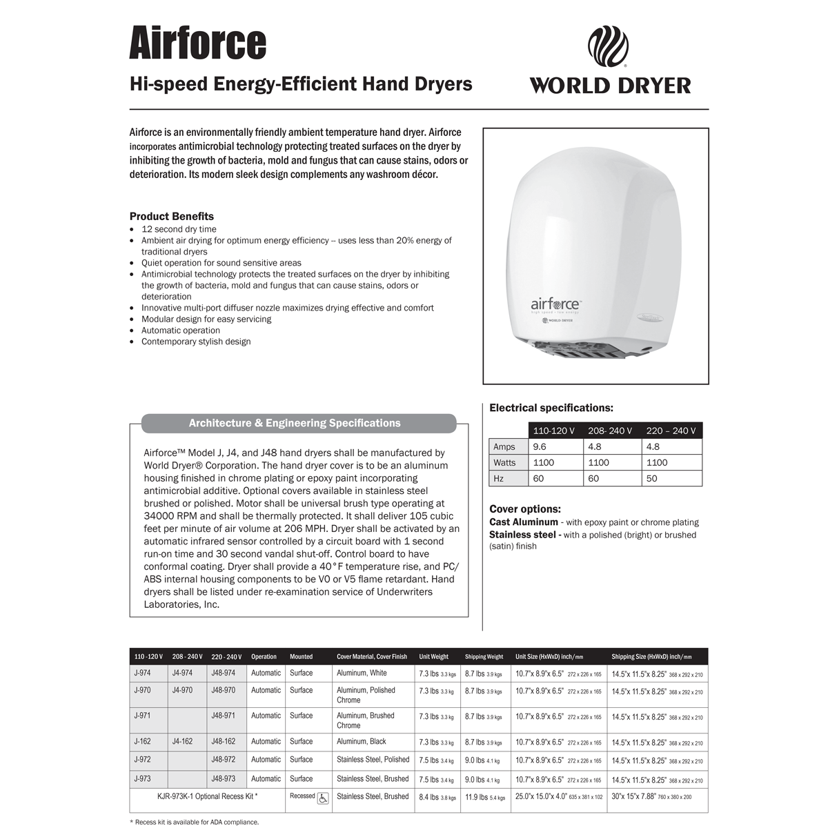 World Dryer Airforce J-970 High Efficiency Hand Dryer, Chrome, Green Spec, Updated Part Number: J-970A3
