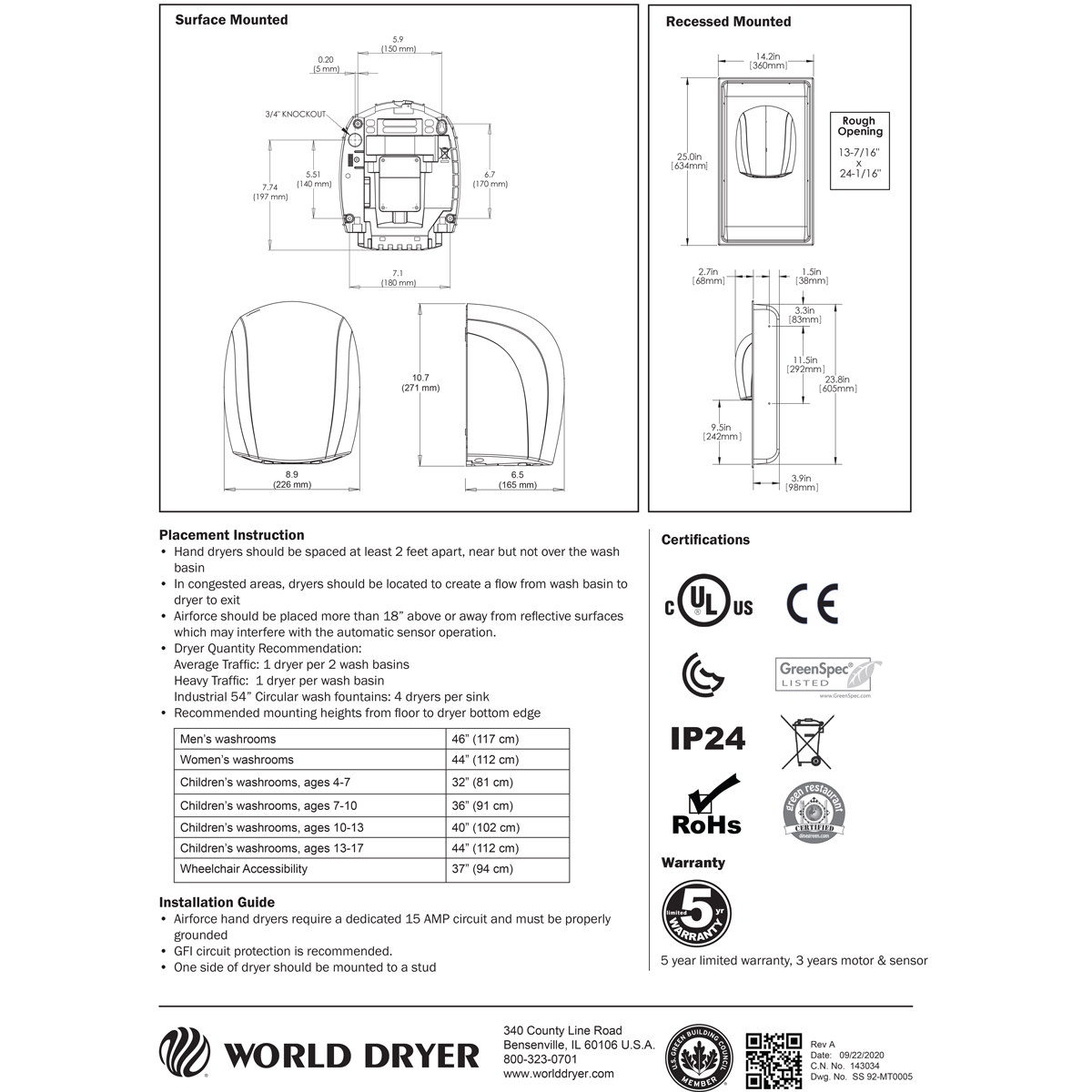 World Dryer Airforce J-970 High Efficiency Hand Dryer, Chrome, Green Spec, Updated Part Number: J-970A3